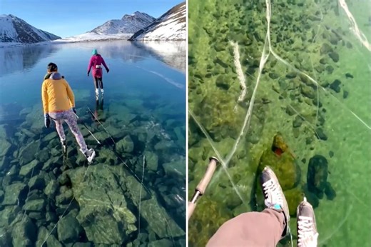 Alaskan couple skates over surreal crystal clear ‘ice window’ that formed over lake