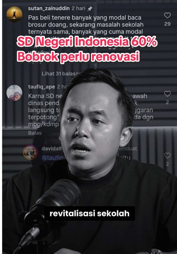 Bersikap kritis gak butuh status, cukup jadi warga negara. Waktu touring lintas Jawa, Kopdes dan dapur MBG baru ada di mana-mana, tapi SD negerinya tua dan tertinggal. Datanya juga bilang begitu: 60% ruang kelas SD rusak. Hampir 25 ribu gerai Kopdes bisa selesai dalam waktu kurang dari setahun, artinya negara BISA membangun cepat. Revitalisasi saya apresiasi, tapi di APBN 2026 MBG dapat Rp 335 T (Rp 223 T dari jatah pendidikan), sementara revitalisasi awalnya cuma Rp 14 T. Ini soal prioritas, bu