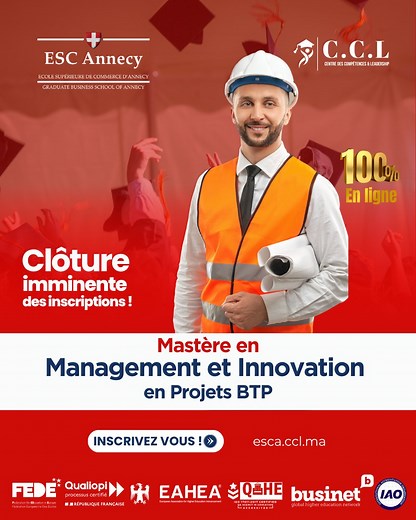 Construisez l’avenir du BTP avec les technologies de demain 🚀 BIM, modélisation 3D, plateformes collaboratives… Le Mastère en Management et Innovation en Projets BTP vous forme à maîtriser les outils numériques qui révolutionnent le secteur. 📚 Formation 100 % en ligne – encadrement individualisé – diplôme international. 👷‍♂️ Soyez l’architecte de l’innovation dans vos projets ! | CCL - Centre des Compétences & Leadership