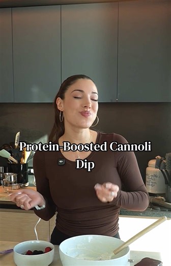 Protein-boosted cannoli dip -1 cup vanilla Greek yogurt -1/2 cup part skim ricotta -1/2 cup light cream cheese -4 tbsp powdered sugar -1/4 cup mini chocolate chips Nutrition per serving (1/3 cup) Cals: 145 Sat Fat: 3g Protein: 6g
