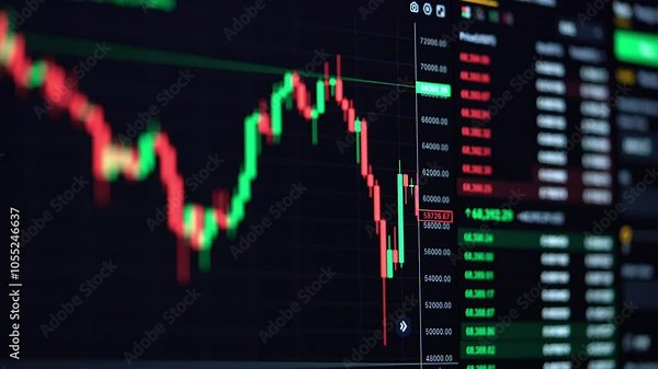 Bitcoin price evolution in trading. Online cryptocurrency exchange chart with BTC graph, showing on screen price fluctuations and financial background of Bitcoin price change with chart candles.