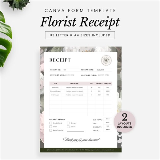 Florist Receipt Form Canva Template - Florist Order Receipts for Weddings and Events - US Letter & A4 Included - BLOOM