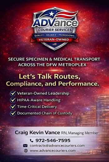 ADVance Courier Services delivers HIPAA-aware transportation for medical partners across all North Texas counties | DFW Metroplex. Our trained couriers specialize in routine and STAT specimen pickup, temperature-controlled handling, real-time GPS tracking, and verified proof of delivery. We provide dependable scheduled routes that protect chain-of-custody while reducing delays and improving patient care logistics. Veteran-Owned Medical Courier Services Across DFW #HospitalProcurement #ClinicAdmi