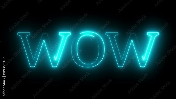 Isolated Colorful Neon Symbol Shape Sign Text Wow. Bright Multicolor Glow Numerals New Year Flicker and Glowing. Wow neon sign animation. Glowing neon lines wow text animation on black background.