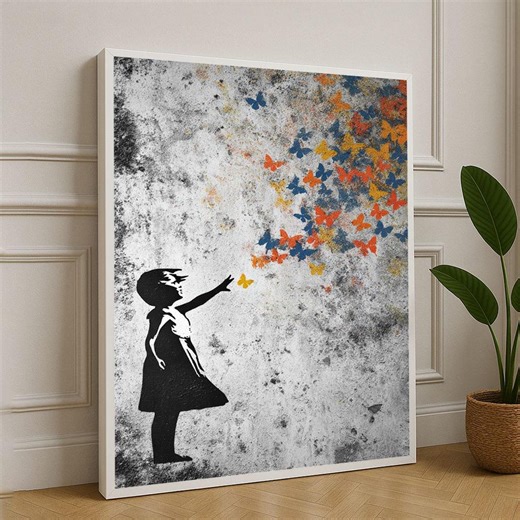 Banksy Inspired Butterfly Girl Canvas Wall Art Print Colorful Street Art Living Room Decor Modern Statement Piece - Etsy