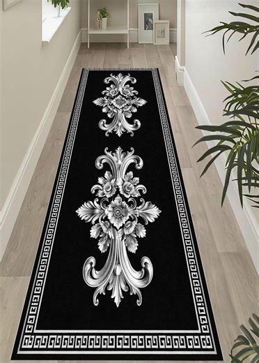 Baroque Silver Scroll Runner Rug: Ornate Floral Pattern, Black Background, Elegant Border, Hallway Decor - Etsy