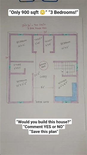 30x30 3BHK House Plan | 900 Sqft Small Home Design with Room Sizes