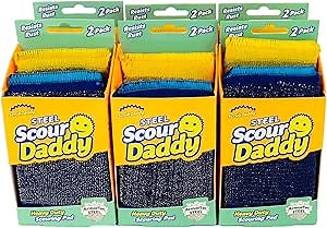 Scrub Daddy Steel Scouring Pad Scrub Sponges - Stainless Steel Scour Daddy - Stainless Steel Fibers Do What Scrubbing Sponges Can't - Durable, Shred-Resistant Scrubbing Pads - 2 Count (6 Pack)