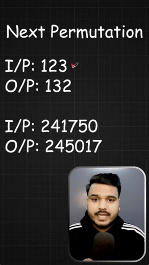 Harsh Jain on Instagram: "Can you solve Next Permutation in O(1) space? 🤔 This problem is a favorite for interviewers at top tech companies. It looks simple, but the logic requires a specific observation. Drop a '🔥' if you’re grinding LeetCode today! #LeetCode #DSA #CodingInterview #SoftwareEngineer #Algorithm Next Permutation, LeetCode Medium, Array Problems, Lexicographical Order, Data Structures, Coding Challenge, Tech Interview, FAANG Preparation, Google Interview, Amazon Interview, SDE Ro