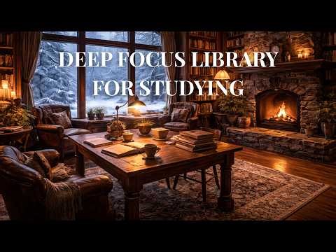 Deep Focus Snowstorm Library 📚 Cozy Fireplace Study Ambience for Studying, Reading & Work