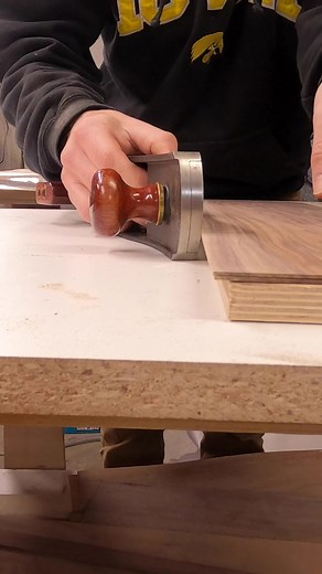 Using a low angle jack plane (Veritas) to joint some 1/16" shop sawn veneer, before gluing up some custom panels. #woodworking #reels #veneer #furnituremaker #maker #woodshop #shoplife #process #video | Boundary Fog Furniture
