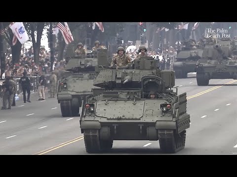 25 minutes of crowd at Army parade, Trump watching tanks and soldiers at military celebration