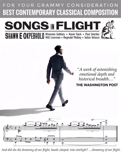Shawn E. Okpebholo | Nigerian-American Composer on Instagram: "About a week left of GRAMMY voting. Songs in Flight — Okpebholo Honored to have this music in the conversation for Best Contemporary Classical Composition. For Your Consideration, and grateful for every listen. As always, also grateful for the artists and collaborators whose voices carry Songs in Flight to unimaginable heights, allowing these important stories to be told: Poets: Tsitsi Jaji, Crystal Simone Smith, Tyehimba Jess Artist