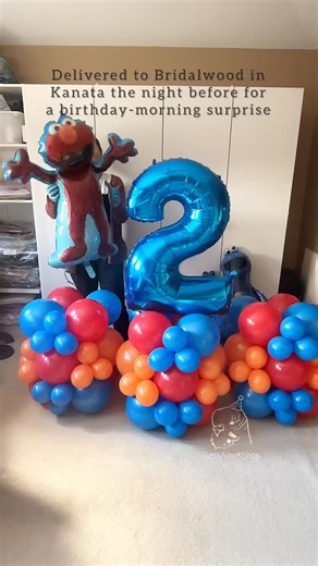 Balloons and Paper Ottawa on Instagram: "Sesame Street themed balloon stacks made for twin boys’ 2nd birthday. We originally proposed an Elmo character with jumbo number 2 balloon stacks. Mom then asked if we could add a second character so each boy could have one and didn’t mind going a little over budget to make it happen. Cookie Monster joined Elmo, and peace was restored 😄 We delivered everything to Bridalwood in Kanata the night before, so it would be a surprise when the boys woke up on th