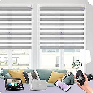 Graywind Motorized Zebra Sheer Blinds Compatible With Alexa Horizontal Light Filtering Window Shades Remote Roller Blinds with Valance for Smart Home and Office, Customized Size (Wool-like Light Grey)