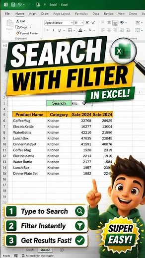 Excel Search Box with FILTER Function. #Excel #ExcelTips #Filter #Spreadsheet#Shorts#searchbox