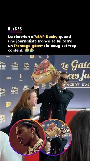 La réaction d’A$AP Rocky quand une journaliste française lui offre un fromage géant 😭😭