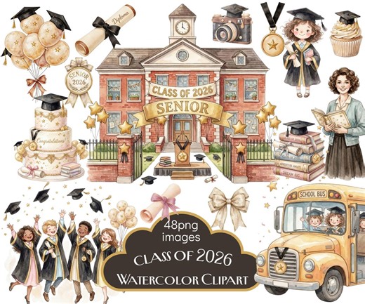 Senior 2026 Clipart, Graduation Clipart Bundle, Class of 2026 PNG, Graduation Watercolor Clipart, Senior Graduation Graphics - Etsy