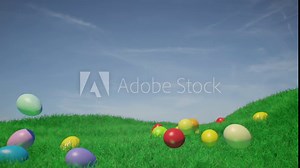 Rolling easter eggs. 3D animation of funny easter eggs rolling towards the camera on a green field in monochrome colors. Blue sky with a friendly atmosphere