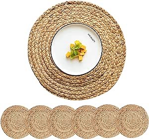 Woven Placemats Round Placemats Set of 6, 13.5 Inch Wicker Placemat Circle Rattan Placemats Farmhouse Boho Braided Natural Water Hyacinth Place Mats for Indoor & Outdoor Table Decor