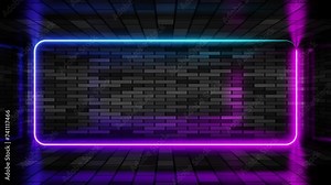 Neon frame purple and cyan lights motion loops square on brick wall background 3d render. Neon speech bubble overlay. Text box design element. Seamless edging glow neon rectangle