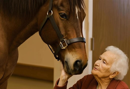 Un cheval brun est apparu dans une maison de retraite : le personnel et les visiteurs étaient sous le choc jusqu'à ce qu'ils découvrent ce que l'animal faisait là. 😱😱 La femme, tenant toujours le cheval, leur a dit quelque chose à voix basse, ce qui a choqué tout le monde. 😱😱 Suite dans le premier commentaire. 👇👇 | Le meilleur ici