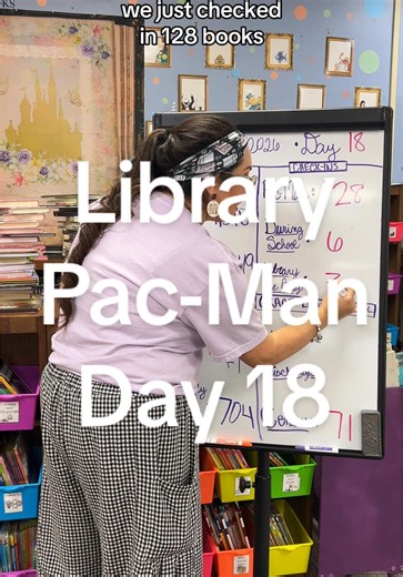 Library Pac-Man: Day 18 We finally put a dent in the overdue book count!! Progress is progress! #schoollibrarian #booktok #checkin #bookreturn #librarypacman #librarian