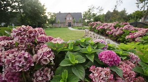 house with hydrangeas.Landscape design of a site with hydrangeas, a trimmed lawn and a house in the distance.Pink hydrangeas in the garden. Flowers in the garden plot. 4k footage