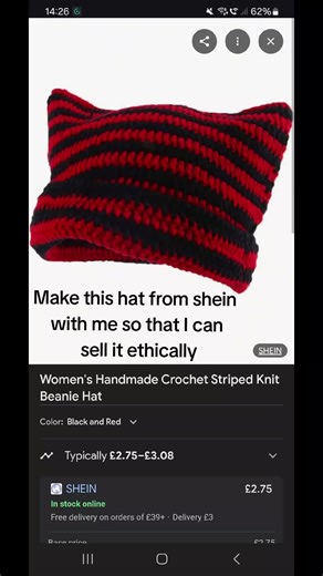 I think its crazy to buy a crochet hat for £2, somebody MADE that. Crochet cannot be made by a machine, somebody got paid less than a pound for that :(. #crochet #grow #fyp #shein #ethicalfashion