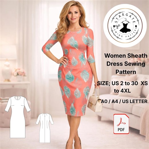 Women Sheath Dress Sewing Pattern, Fitted Midi, 3/4 Sleeve, US 2-30 (Digital Download)