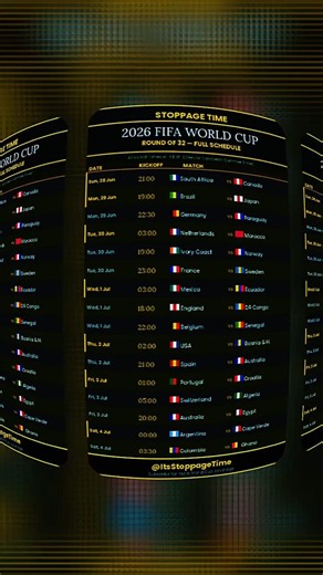 2026 FIFA World Cup Round of 32 Schedule | Full Knockout Fixtures & Match Times (CEST)