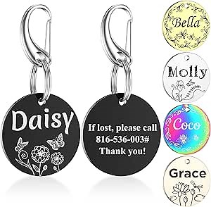 Dog Tags Engraved for Pets - GISUERY Dog ID tag with Floral Patterns - Polished Stainless Steel and Engraved on Both Sides - Custom Dog Tags for Pets with 2 Split Rings,Round