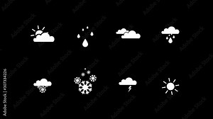 Weather Icons Animation Set, Sunny, Rainy, Cloudy Interface Symbols. Overlay Video. High Quality 4K Resolution.
