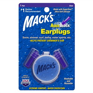 Mack's AquaBlock Swimming Earplugs, 1 Pair - Comfortable, Waterproof, Reusable Silicone Ear Plugs for Swimming, Snorkeling, Showering, Surfing and Bathing (Purple)