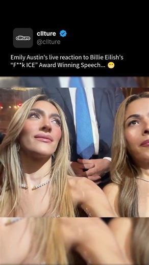cllture on Instagram: "😮 Billie Eilish sparked major debate at the Grammys after using her acceptance speech to criticise ICE and speak out on immigration, wearing “ICE Out” pins and urging people to keep using their platforms to speak up. The moment quickly went viral after conservative commentator Emily Austin filmed and shared her live reaction from the audience, visibly mocking the speech and showing clear disagreement with Billie’s stance. Many online criticised Austin for being dismissive