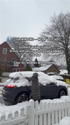 Vibing Hamburg with Ruby on Instagram: "❄️ HAMBURG WINTER = PRETTY SNOW, SERIOUS FINES Here’s what your wallet wants you to know before you drive: 🪟 No “Peep-Hole Driving” Clearing only a tiny part of your windshield is illegal. You must clear ALL windows, mirrors and side glass. 💸 ≈25€ fine ⚠️ In case of an accident, insurance may reduce coverage. 🧹 Remove ALL Snow From Your Car Snow left on your roof or hood can slide down, block other drivers’ view or fall onto their windshield. 💸 ≈25€ – 
