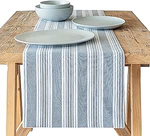 Over&Back 18x90 Woven Striped Table Runner - Washable Table Runners for a Custom Home Decor Tablescape - Coffee Table, Dinner Table, Living Room - Blue
