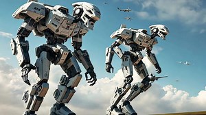 Download Animation Two colossal, imposing robots stride across a dramatic landscape under a cloudy sky, eliciting a sense of futuristic power and potential conflict. for free