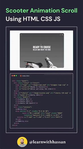 Hassan🕊️ on Instagram: "Scooter Bike Animation, Animated Scroll Animation using Html CSS JS #webdevelopment #javascript #angularjs #ui #ux"