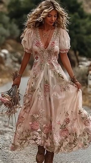 544K views · 3.8K reactions | Discover how vintage-inspired dresses combine floral embroidery and gradient color patterns for a timeless look. This guide highlights design features, fabric flow, and styling ideas that suit both casual and special occasions. | Elizabeth Kaitlyn Spencer | Facebook