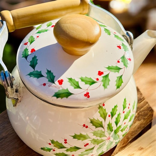 Vintage Lenox Holiday Holly Enamel Teakettle With Wooden Handle | Retro Christmas Kitchen Decor - Etsy