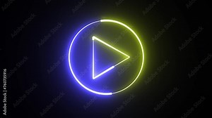 Neon glowing Play button animation on black background. Play button icon neon animation. Music play button icon animation. Animated play button icon with a glowing neon effect.