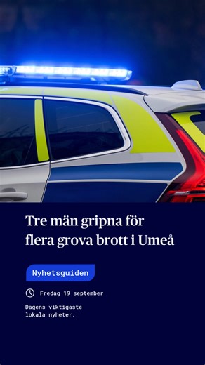 Nyhetsguiden – dagens viktigaste lokala nyheter: • Under natten mot fredagen har tre män gripits av polis i Umeå misstänkta för att ha hållit en man i en bil mot mannens vilja. Händelsen inträffade strax efter midnatt i centrala Umeå. https://www.vk.se/2025-09-19/tre-man-gripna-for-flera-grova-brott-098db • En av Umeås äldsta restauranger för snabbmat – Helan & Halvan – är till salu. Ägaren Bijan Niksirat har drivit stället i 20 år och vill gå i pension. https://www.vk.se/2025-09-19/klassisk-ume