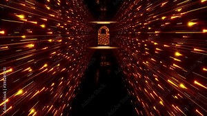 Abstract red digital animated background. Animation motion of neon light in virtual space. Data cyber security concept. Visualization of data transfer, stream, attack and protection. Lock.