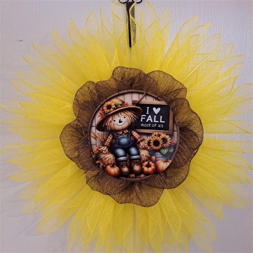 Sunflower Scarecrow Fall Wreath for Front Door, Yellow Deco Mesh Autumn Wreath, Farmhouse Harvest Decor, Thanksgiving Door Hanger - Etsy