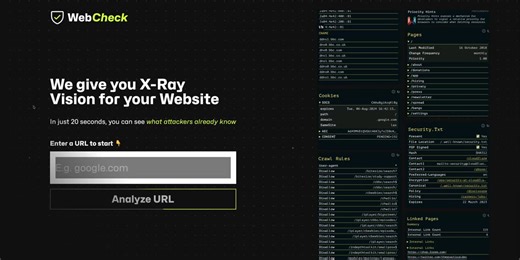 Web-Check：一站式网站体检与分析工具。输入任意网址，即可快速查看 IP 信息、SSL 证书链、DNS 记录、Cookie、域名信息、服务器位置、性能指标等关键数据，排查问题更高效。GitHub：https://t.co/F8DGVxMLj6官网：https://t.co/PvIGxZVLTm完全开源免费，建议收藏备用。