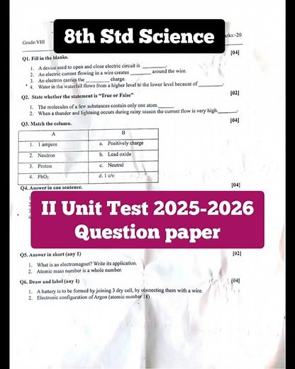 8th Std Science 2nd Unit Test Question Paper 2025 2026 #shorts #exam #education