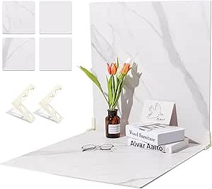 BEIYANG 2 Marble 24x24 Inch Photography Backdrop Boards with 2 PCS Bracket for Flat Lay or Food Photography Background Marble and White Backdrop Photo Table Backdrop