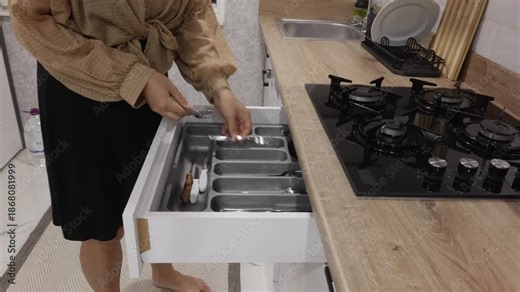 Caucasian adult woman puts the cutlery in drawer finishing kitchen organization near sink and gas stove after cleaning, representing tidy home, routine and everyday lifestyle.