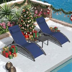 PURPLE LEAF Patio Chaise Lounge Set of 3 Outdoor Beach Pool Sunbathing Lawn Lounger Recliner Outside Tanning Chairs with Arm for All Weather, Side Table Included, Navy Blue